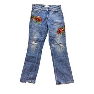Zara Jeans Womens 02 (29x25.5) Blue Denim Sequin Rosette‎ Applique Destroyed